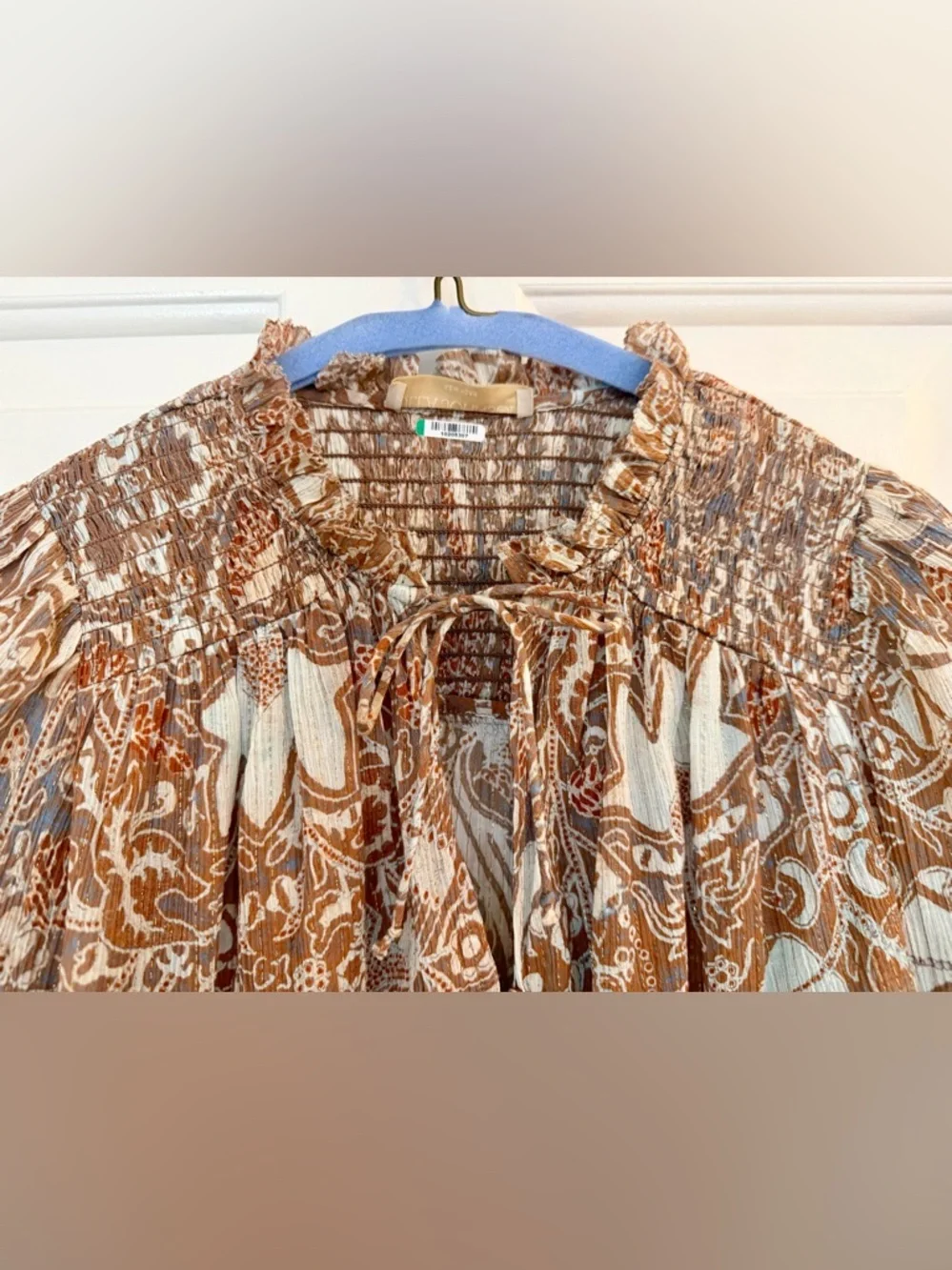 Ulla Johnson Taupe & Cream Paisley Tie-Neck Blouse